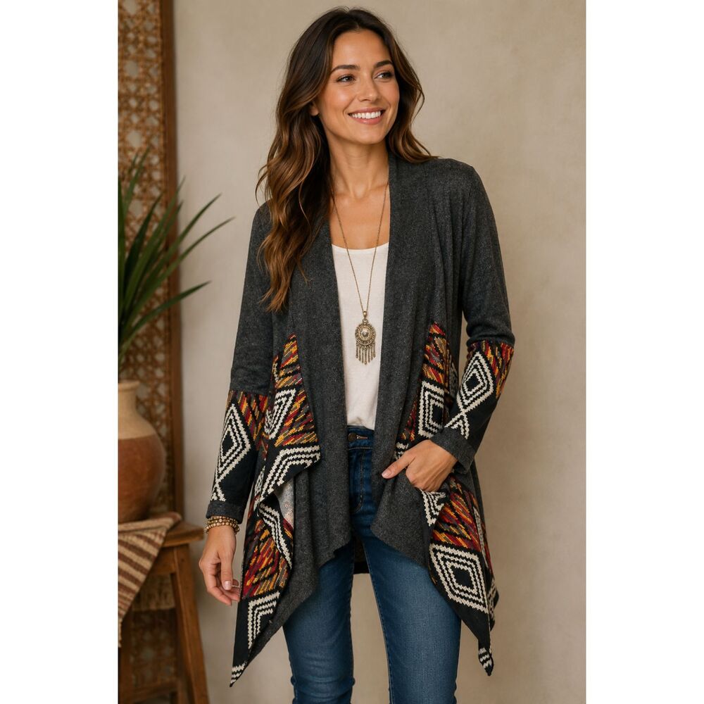 Yak & Yeti S/M Boho Southwestern Open Front Waterfall Cardigan Gray Knit 1174T3
